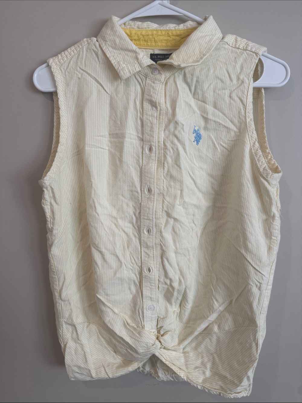 Polo Sleeveless Button-Down Shirt in Pale Yellow with Blue Logo